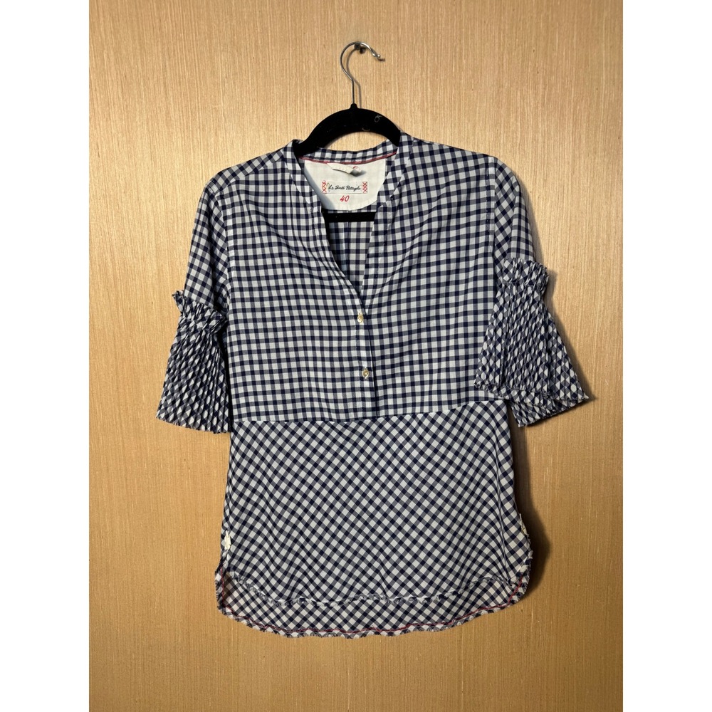 Le Sante Pettegole Navy Gingham Plaid Pleated Sleeve Blouse Top Italy 40